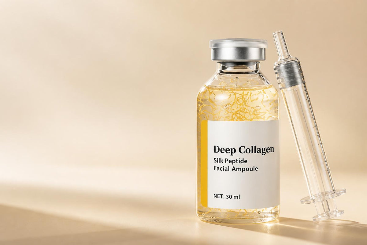 Ampolla Deep Collagen con aplicador sobre fondo beige