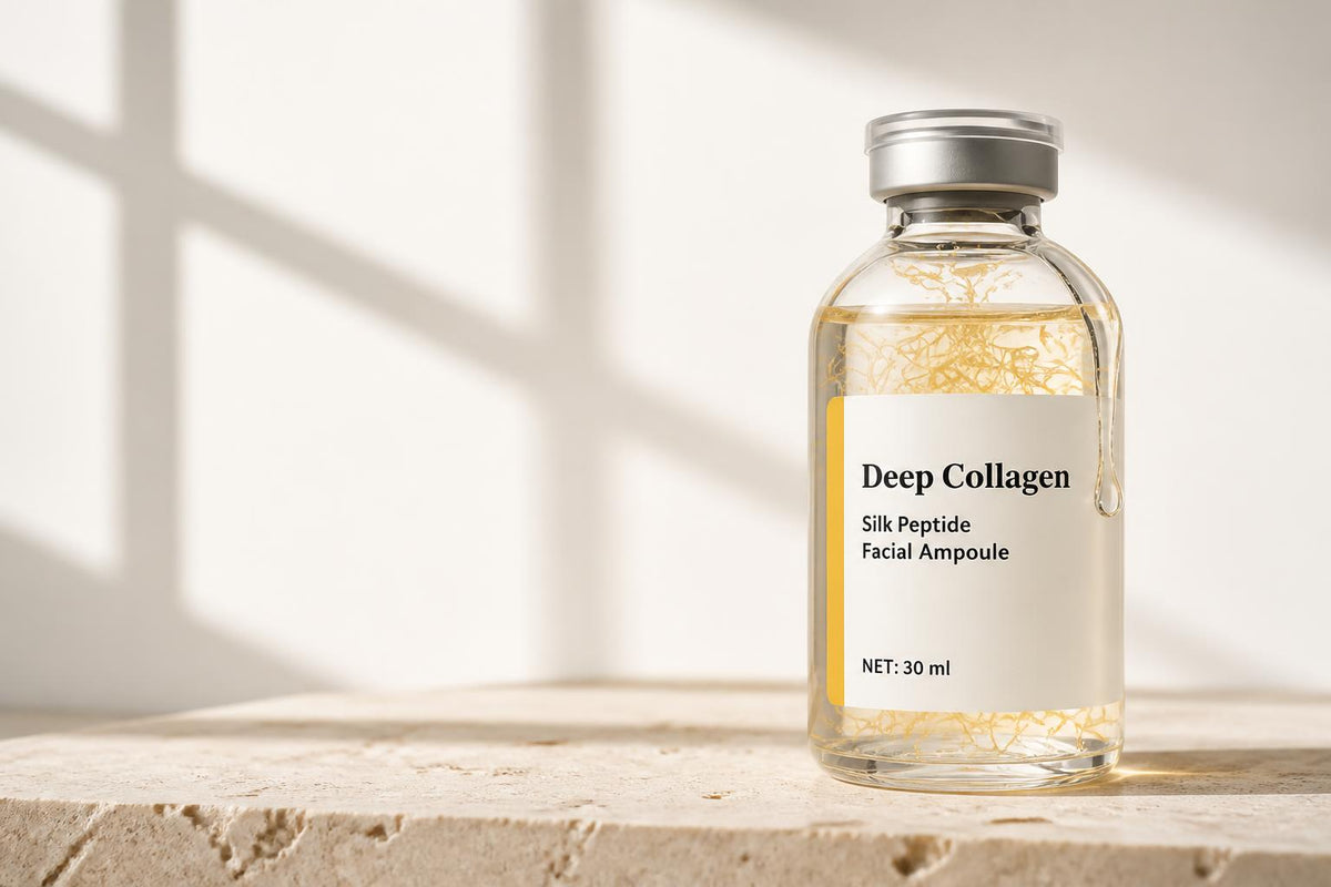 Ampolla Deep Collagen sobre piedra travertino con luz natural