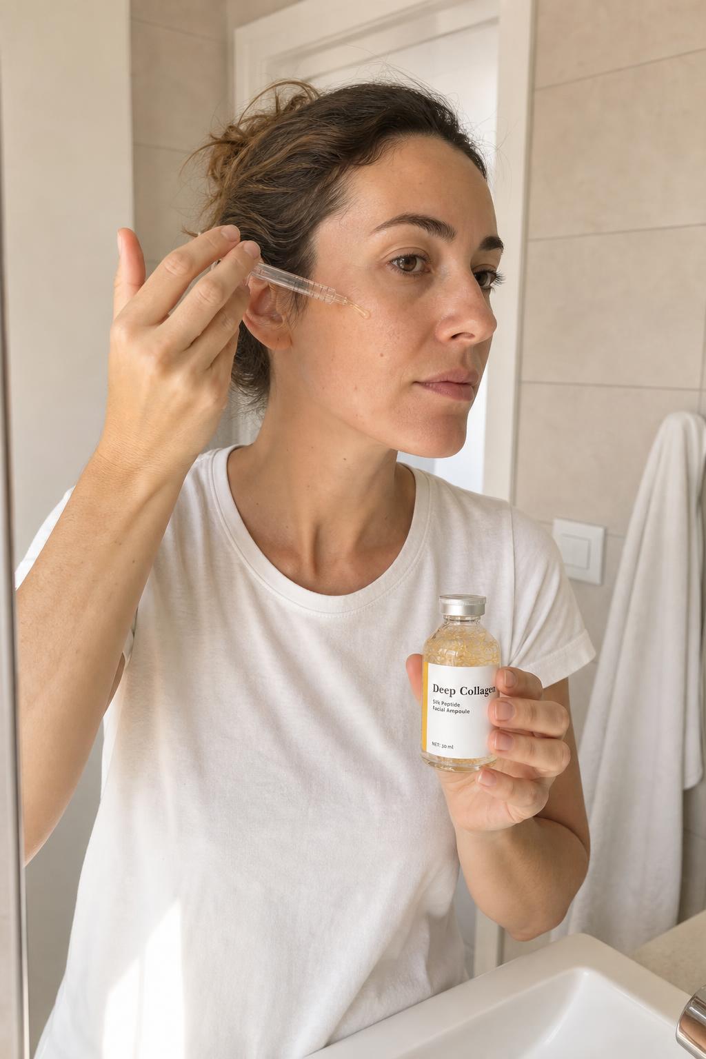 Mujer aplicando el serum Deep Collagen en el pomulo con el aplicador dosificador