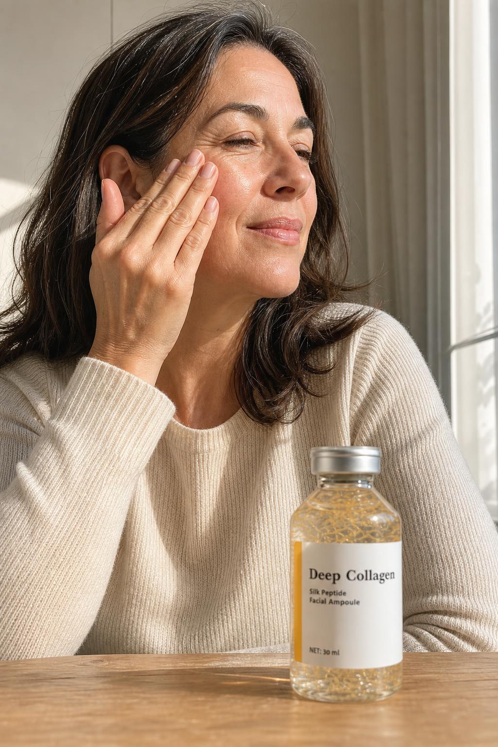 Mujer extendiendo el serum Deep Collagen con las yemas de los dedos