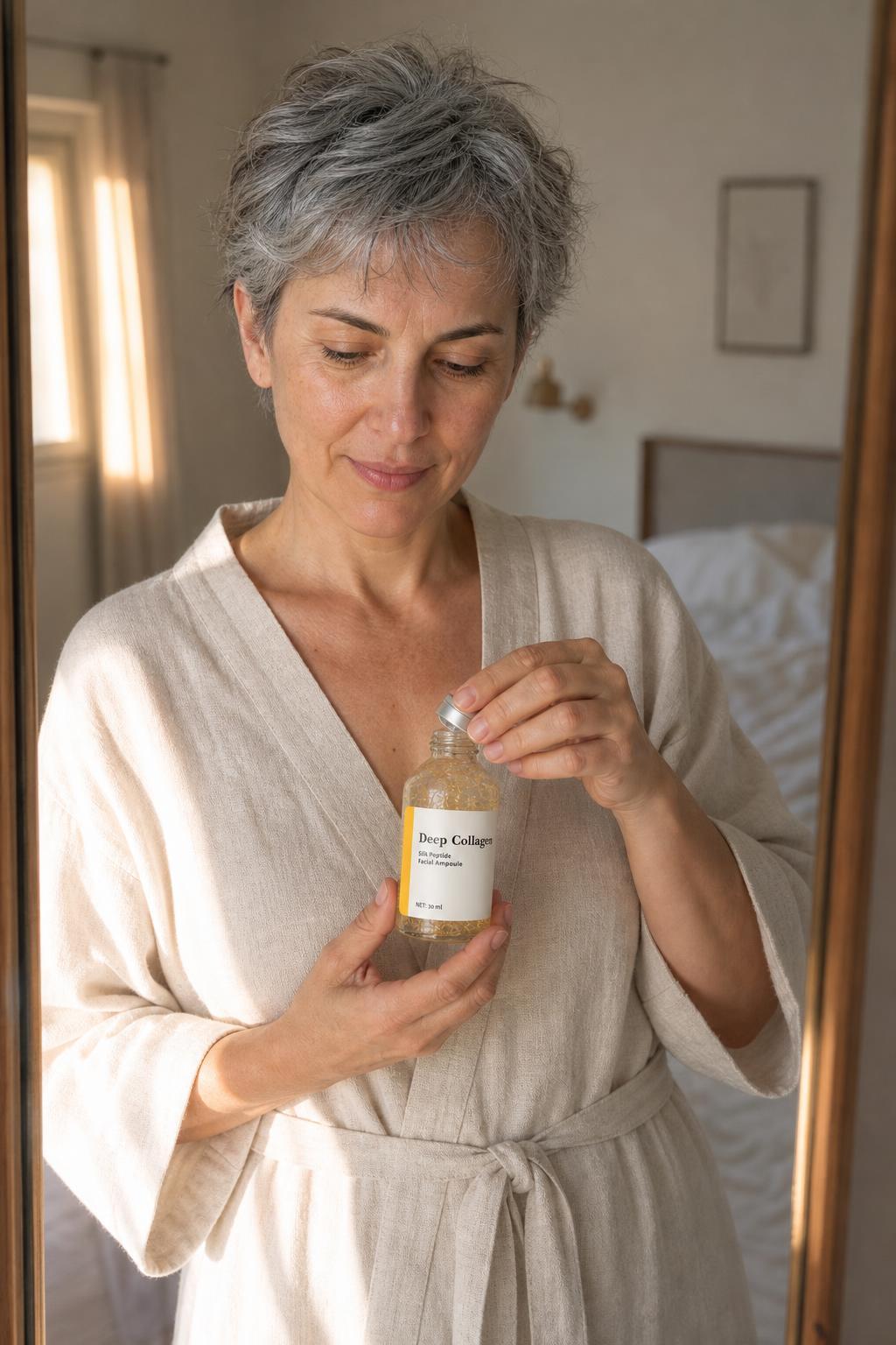 Mujer abriendo el frasco de Deep Collagen frente al espejo
