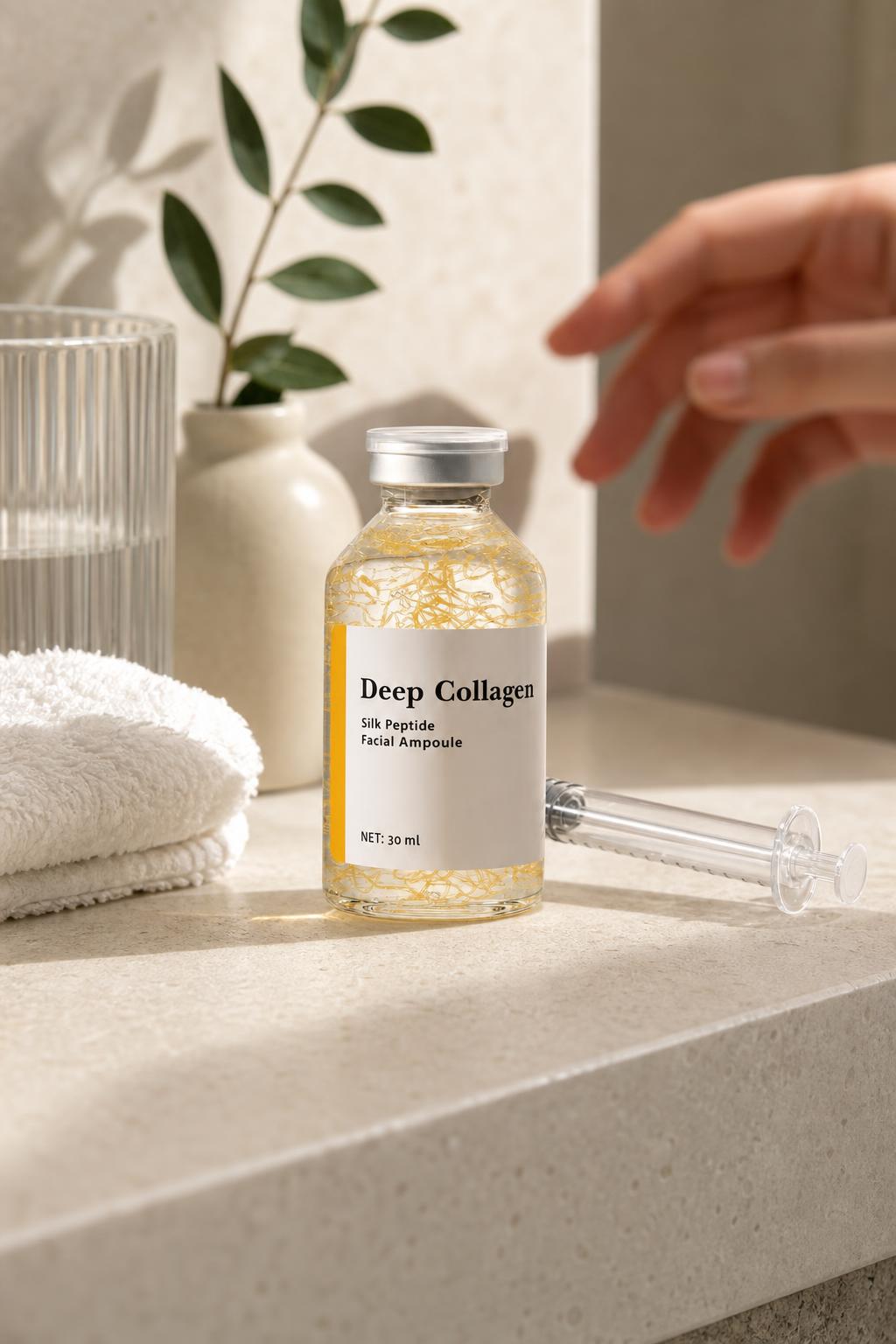 Frasco de Deep Collagen y su aplicador en la repisa del bano
